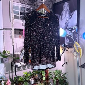 Daniel Rainn Black Paisley Print Lace Detail Long Sleeve Top Women's XL